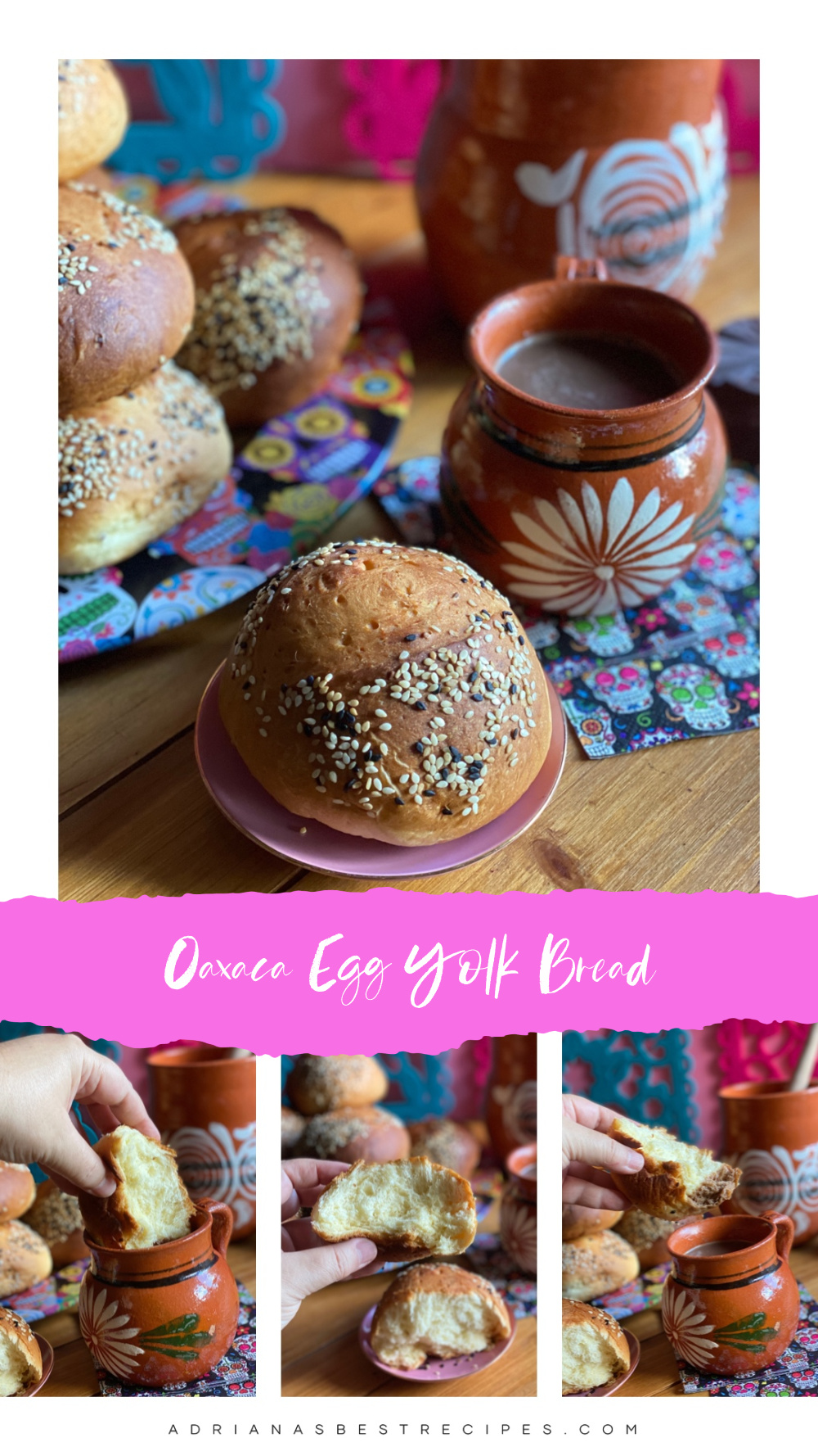 a collage showing bread and a mug with hot chocolate