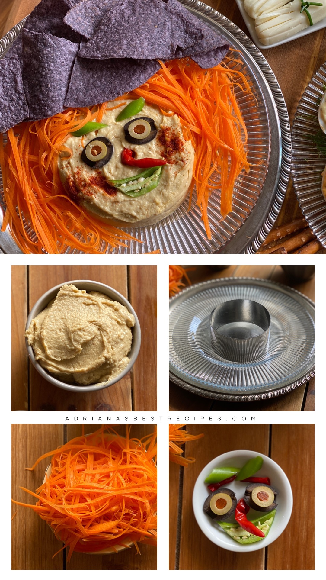 This is the step by step image showing how to make the Hummus Witch Platter for Halloween