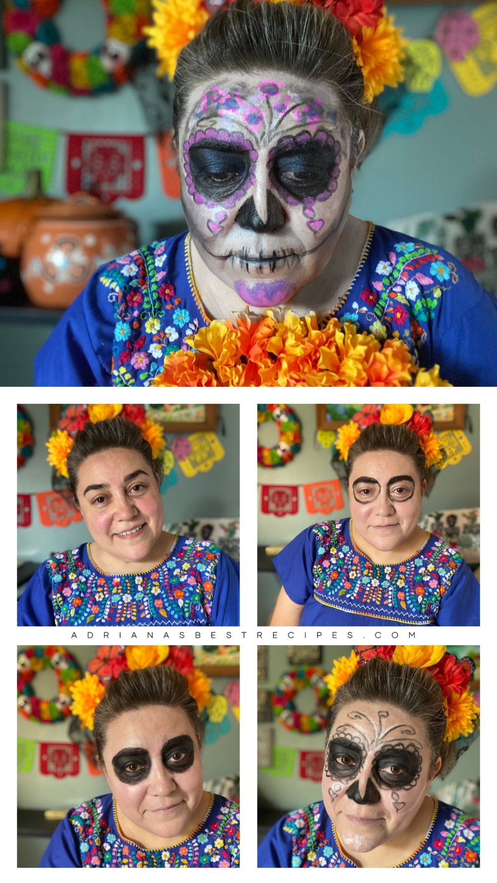 showing the step by step process on how to apply the makeup for doing a catrina or sugar skull face
