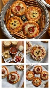 This is the step by step process for making monster pizzas using petite rounds of flatbreads, turkey pepperoni, olives, and gouda slices shaped as pumpkins.