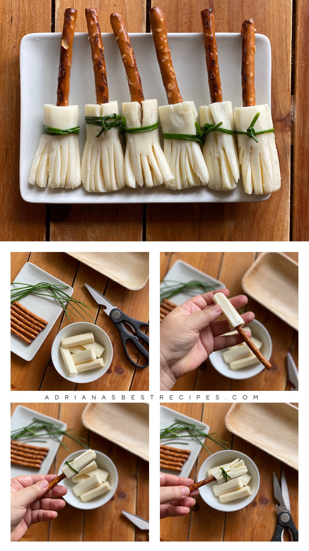 This is the step by step process on how to make cheesy brooms using string cheese, pretzels and chives