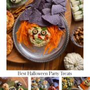 A picture collage showing Halloween Party appetizers including an edible hummus witch