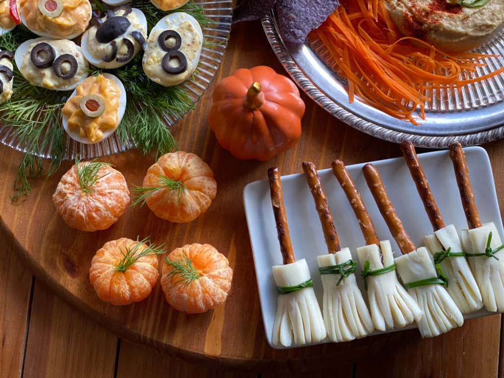 a tray with ghoulish foods