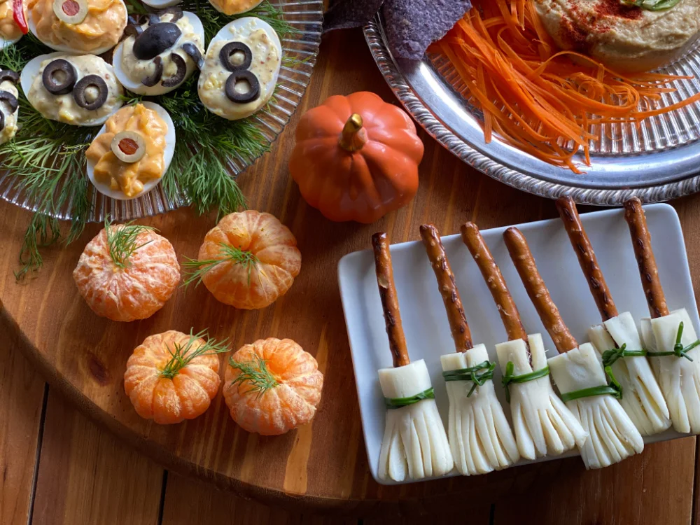 a tray with ghoulish foods