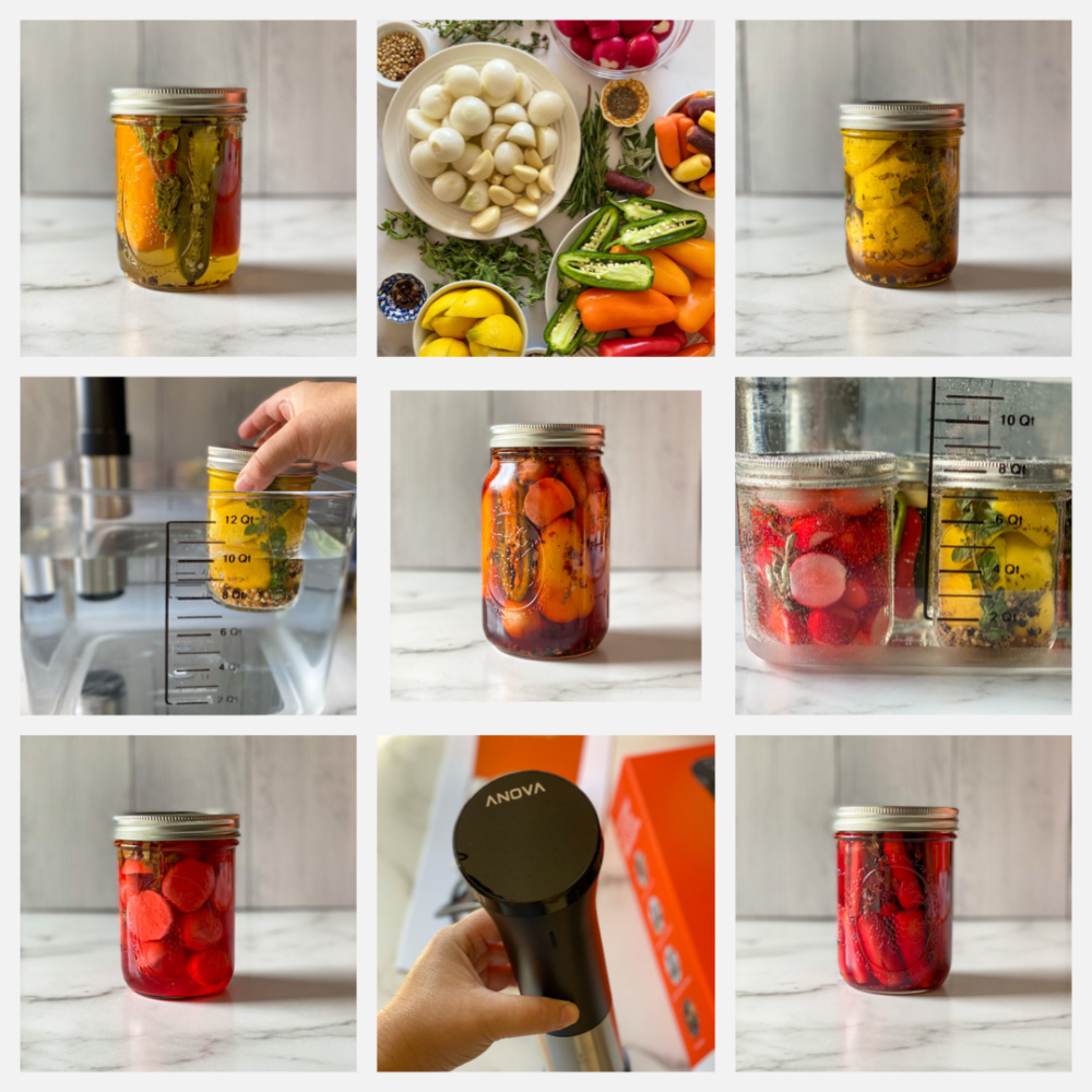 A collage showing the ingredients and final canned veggies made with sous-vide