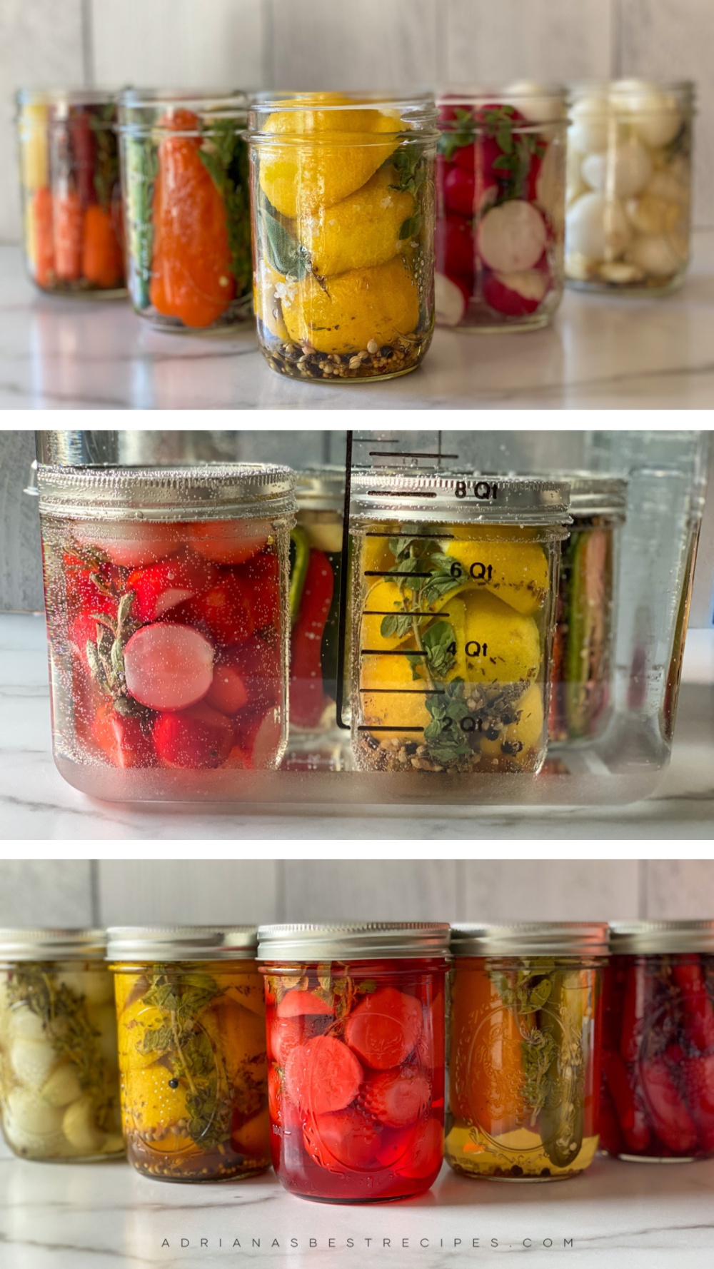 A collage showing the process on pickling veggies using an immersion circulator
