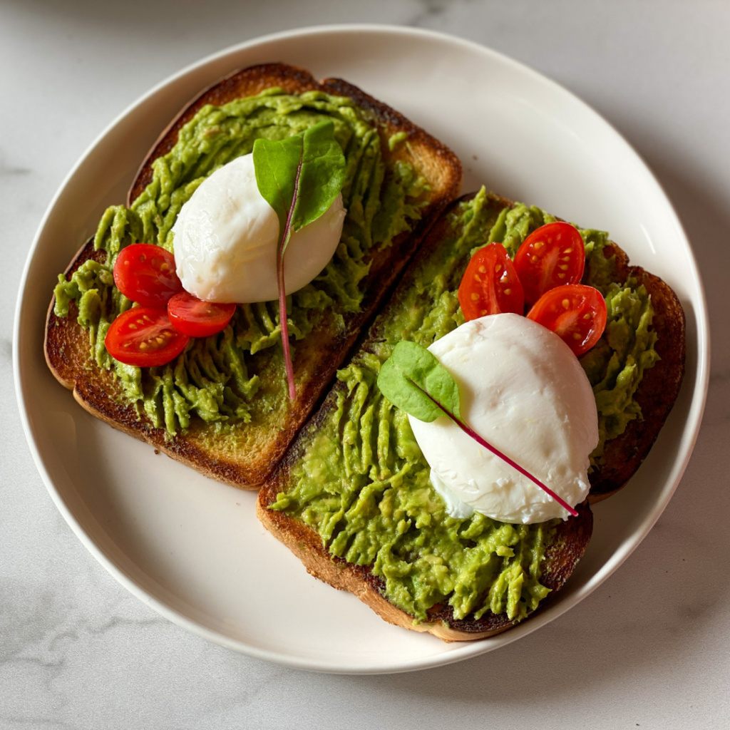 A plate with the best avocado toast with poached eggs