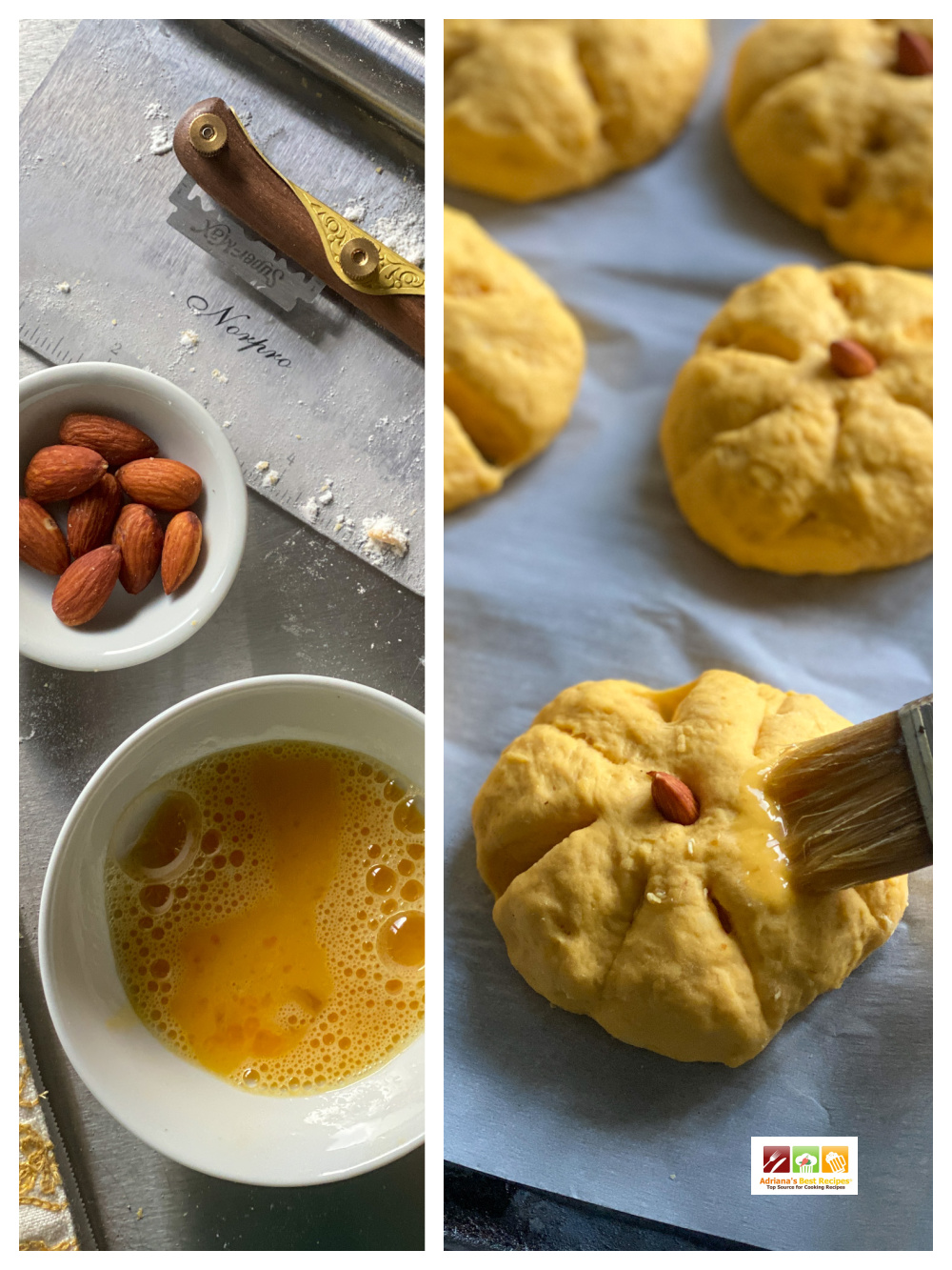 Brushing egg wash to the pumpkin rolls