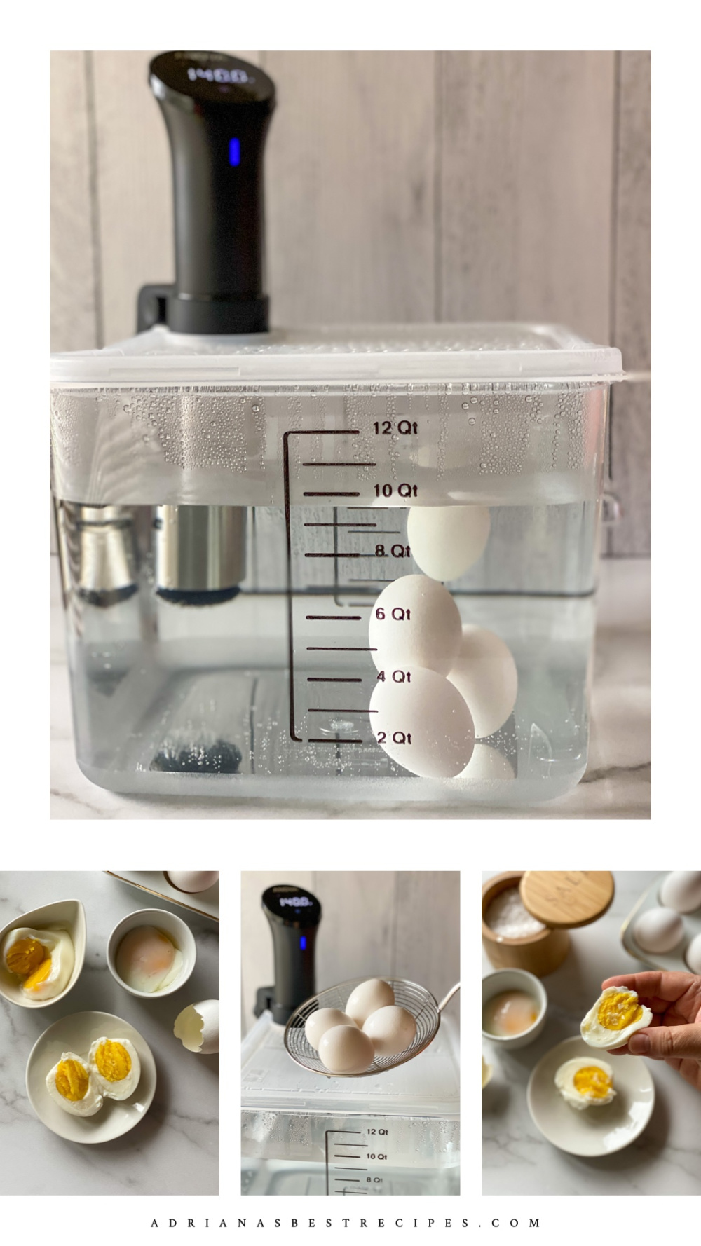 Un collage de imágenes que muestra la técnica de cómo cocinar huevos con un circulador de inmersión o la técnica sous vide