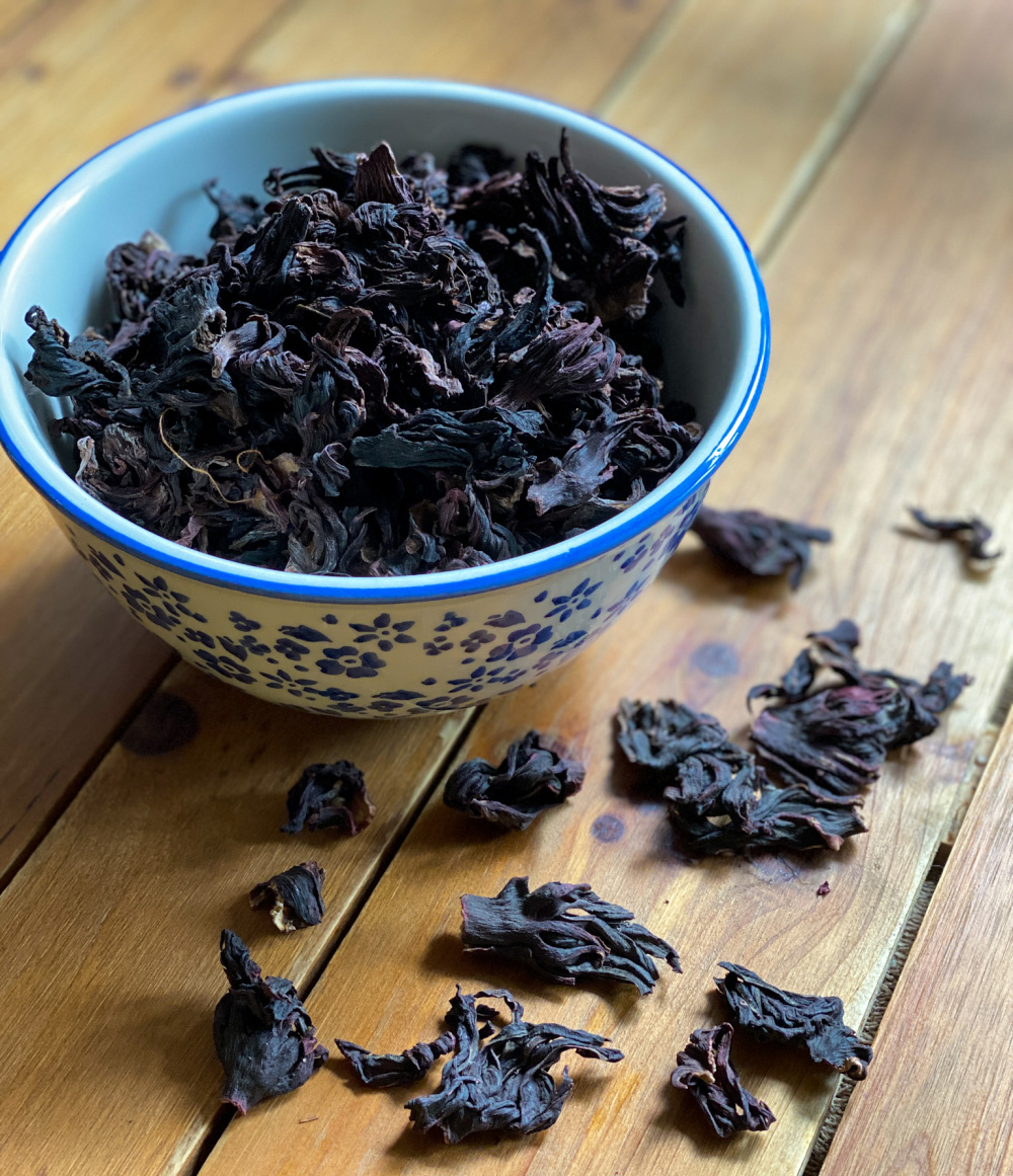 A bowl of hibiscus flowers from Mexico