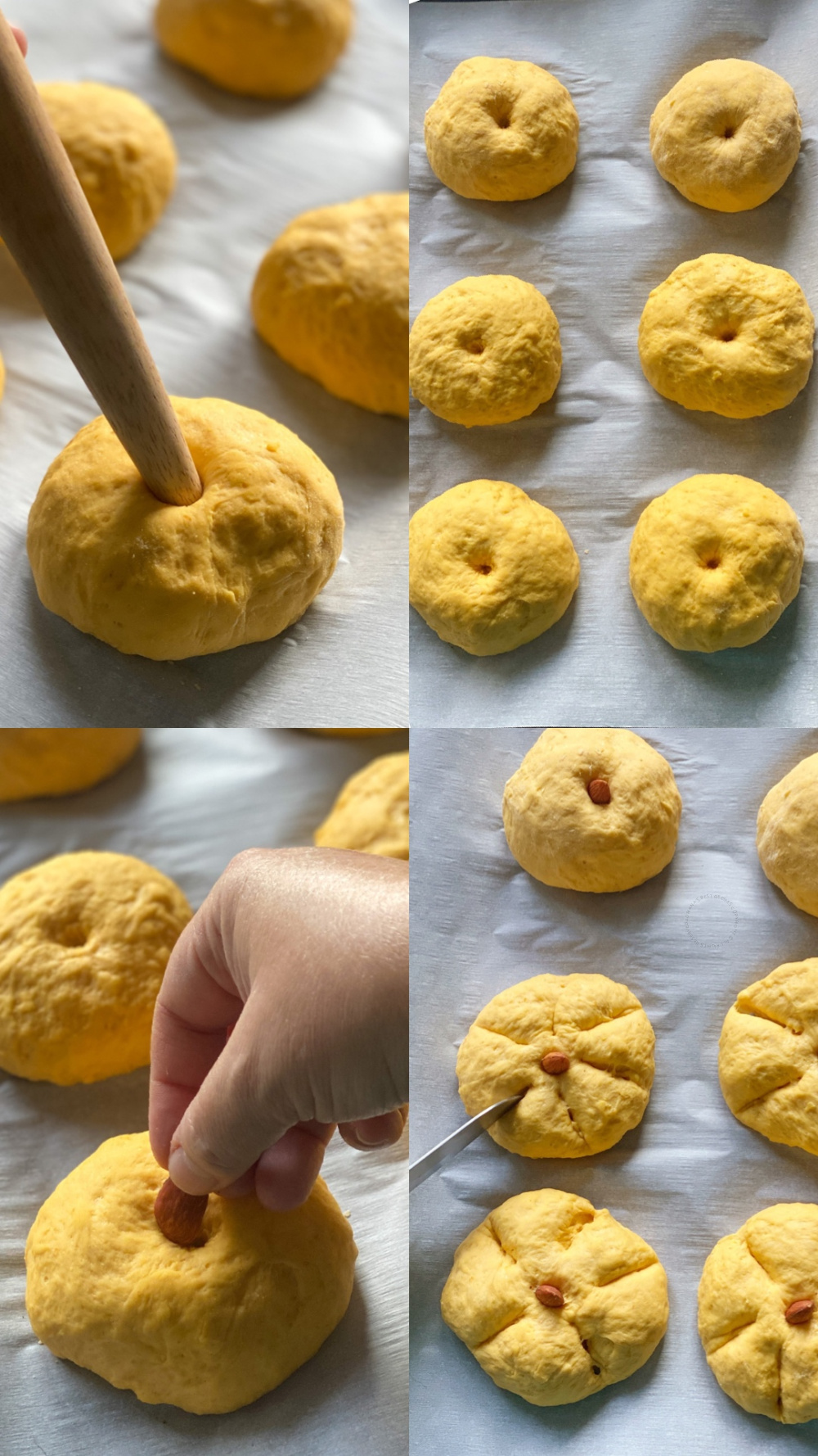 Paso a paso sobre cómo trabajar la masa y formar las calabazas de pan.