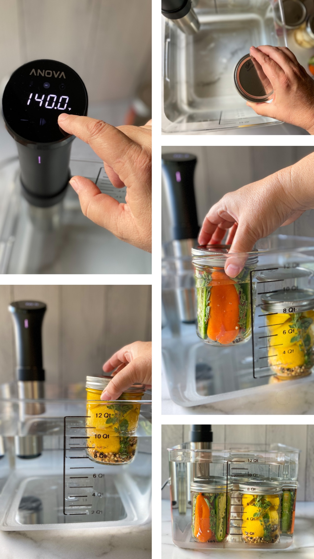 Un collage de imágenes que muestra el proceso paso a paso del encurtido de verduras con la técnica sous vide de Anova