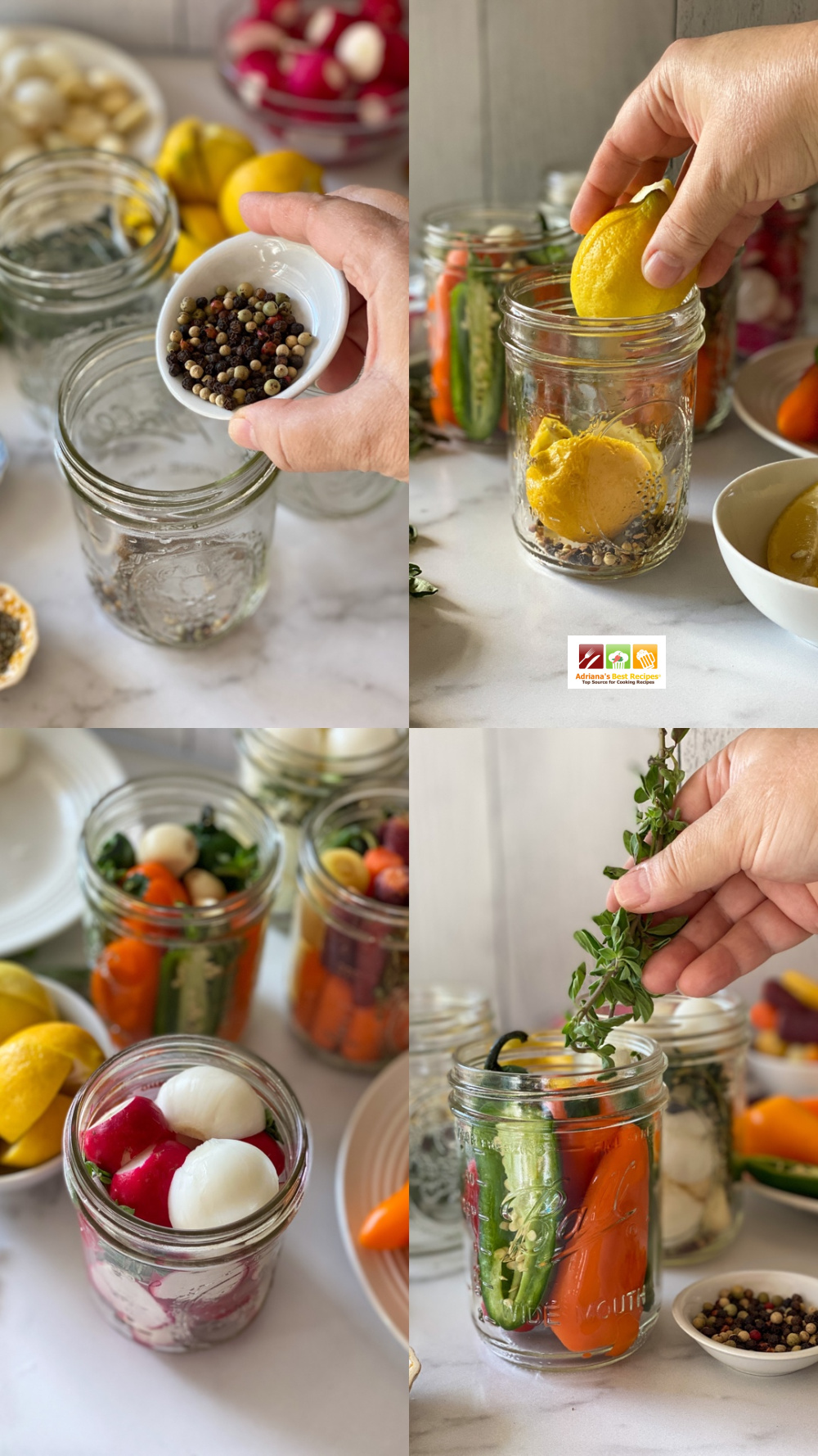 A collage of images showing the step by step on how to fill the mason jars 