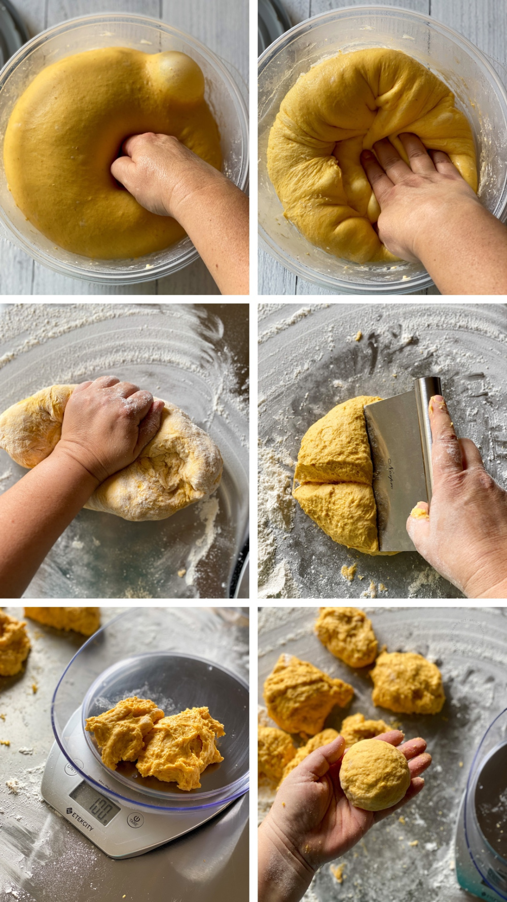 Paso a paso sobre cómo trabajar la masa para los panecillos de calabaza.