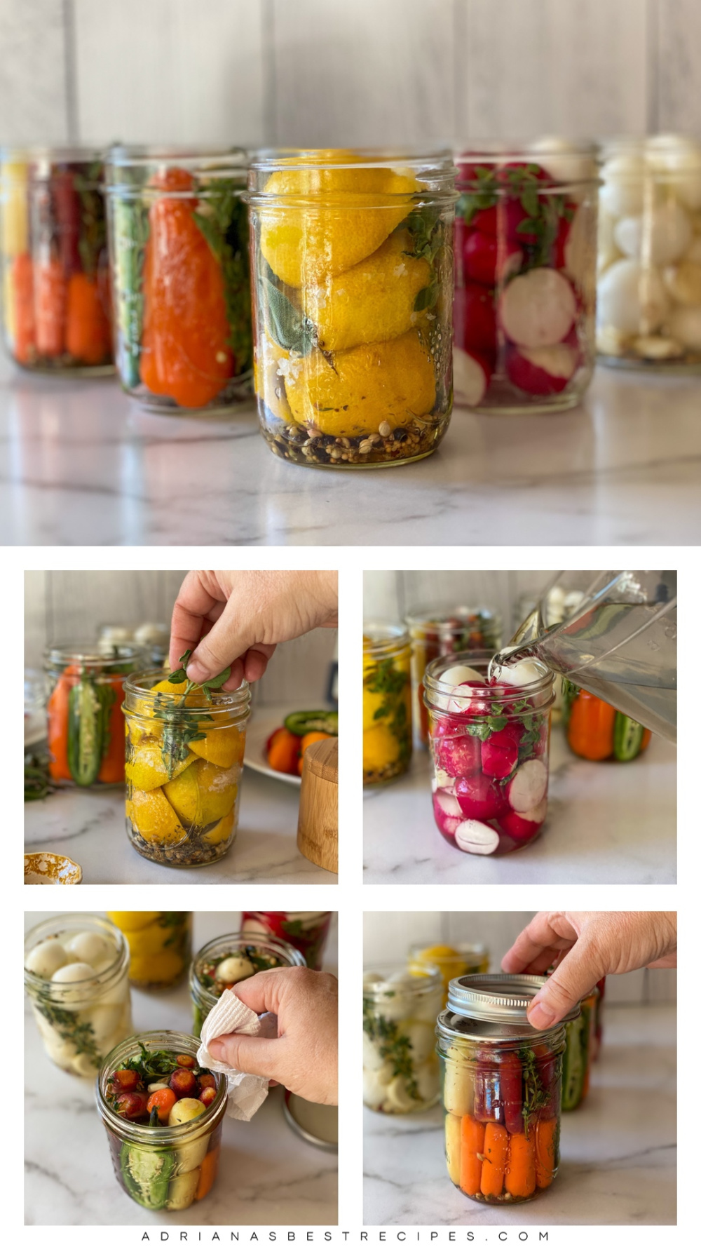 Un collage de imágenes que muestra el proceso paso a paso sobre cómo llenar los frascos y colocar las tapas antes de enlatar