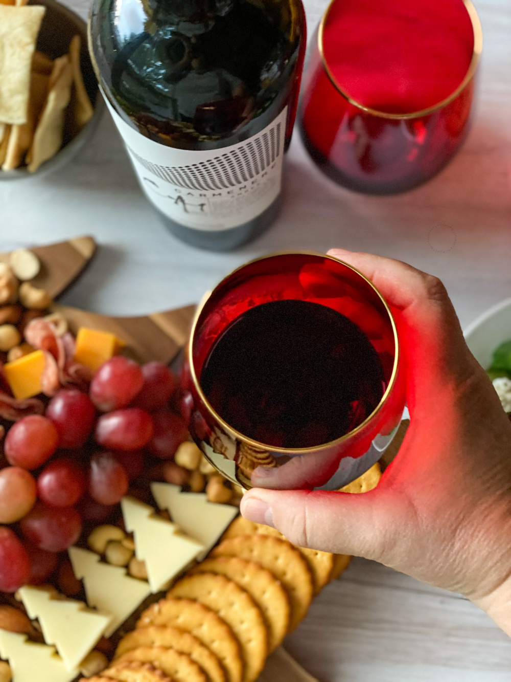 A hand holding a red glass with wine