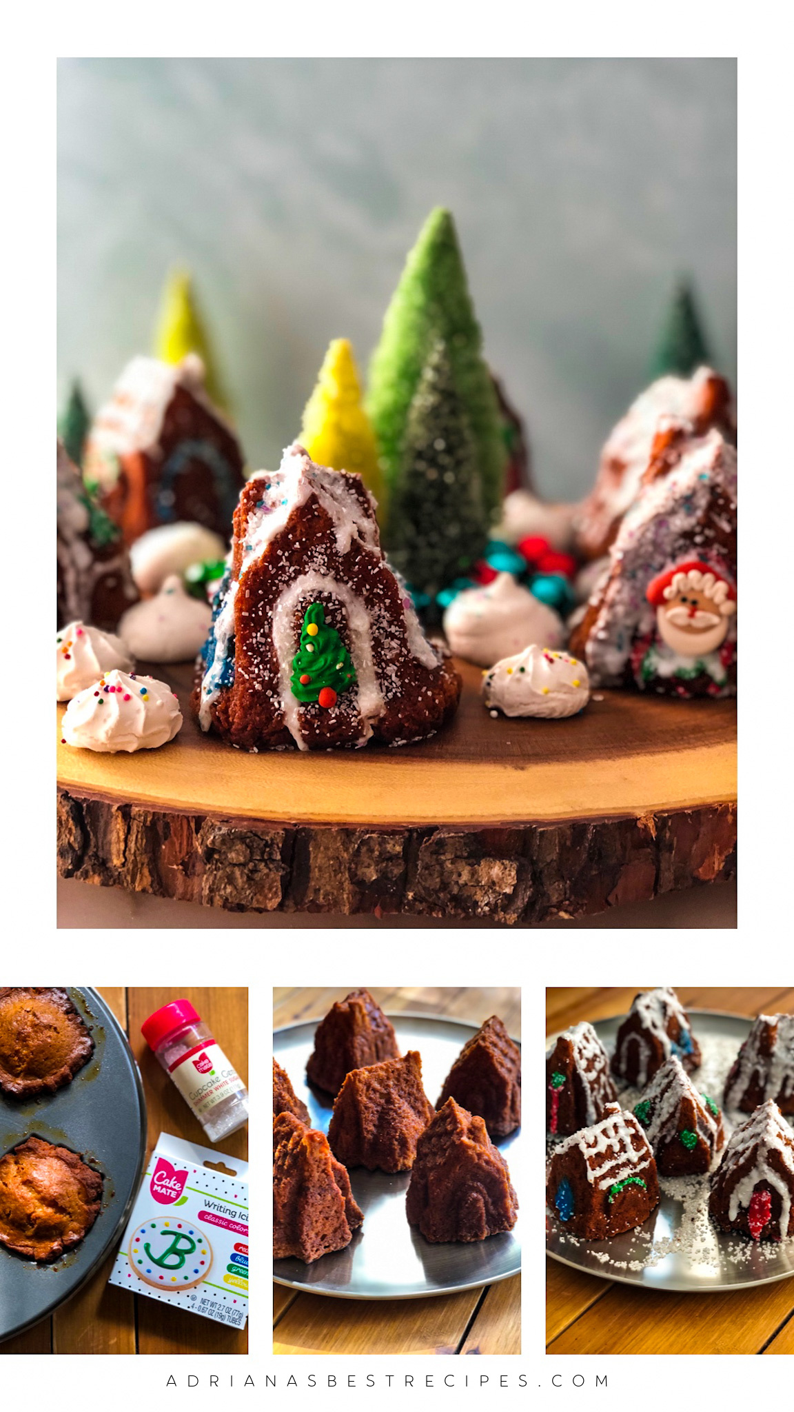 Collage on how to decorate the apple cupcakes and the final product showing an edible christmas village