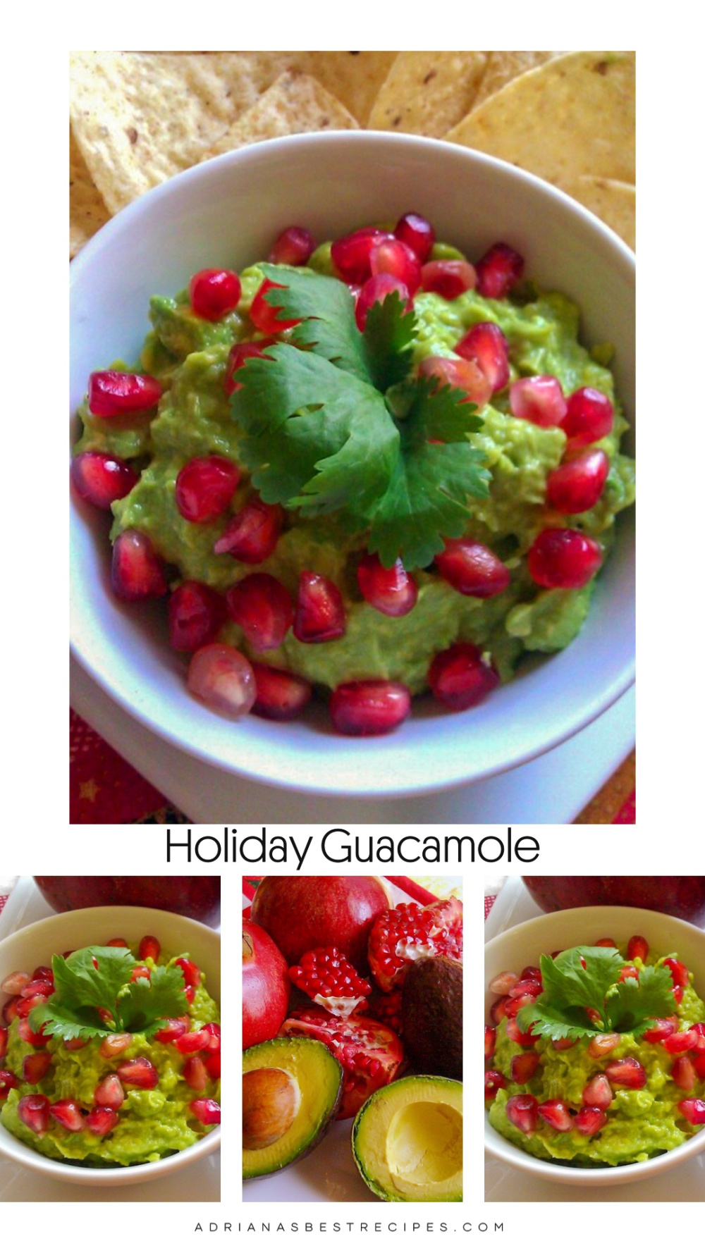 a collage of images with pomegranates, avocados and guacamole