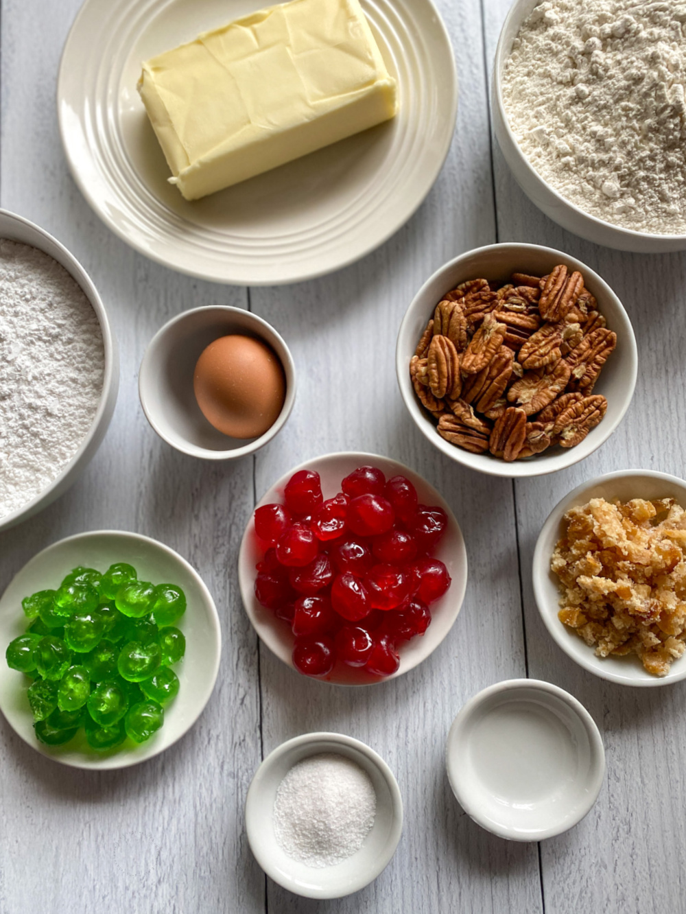 Ingredients for the refrigerator cookies include candied cherries and nuts