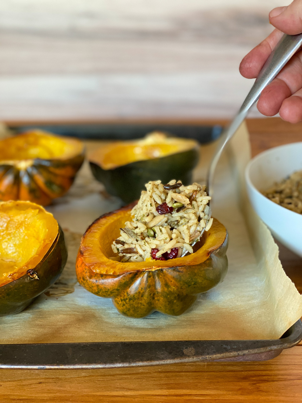 Stuffing the squash with rice