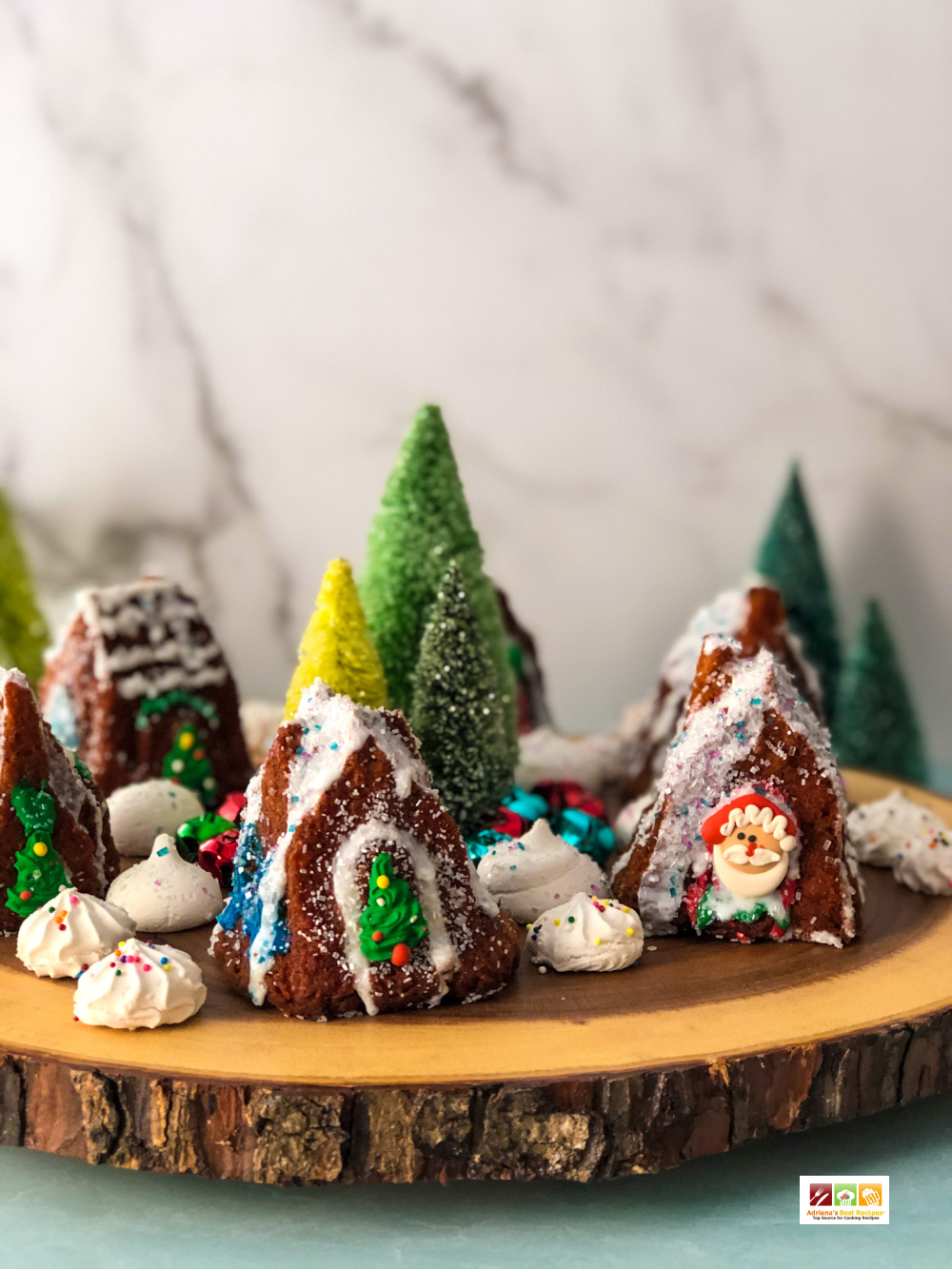 The edible Christmas village inspiration comes from the nostalgic old winter wonderland decor.