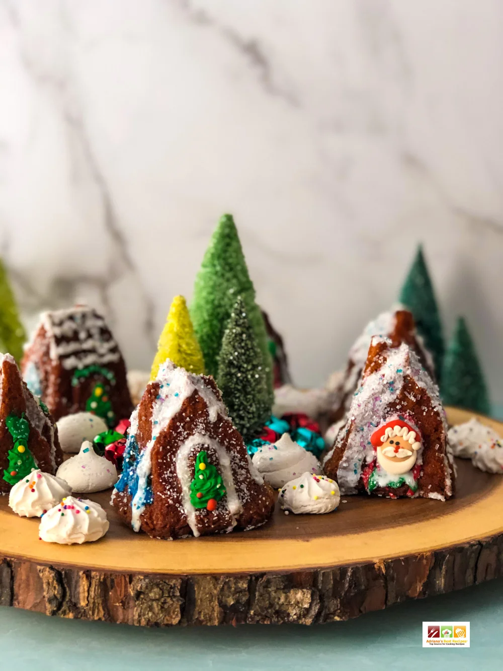 The edible Christmas village inspiration comes from the nostalgic old winter wonderland decor.
