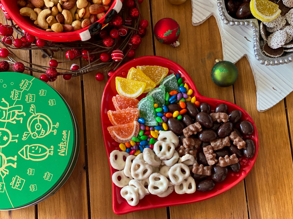 a spread of movie night candy and nuts