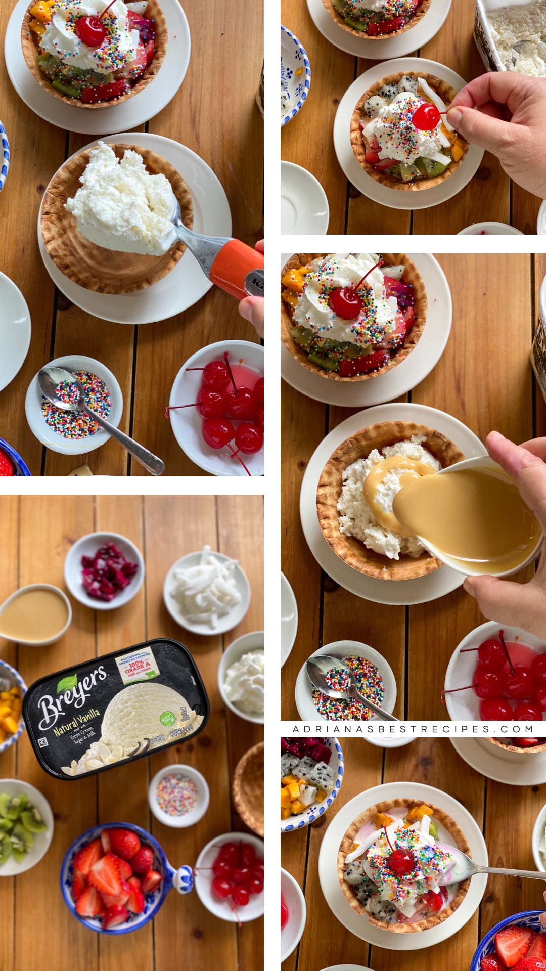 Collage showing how to make the bionico ice cream cup