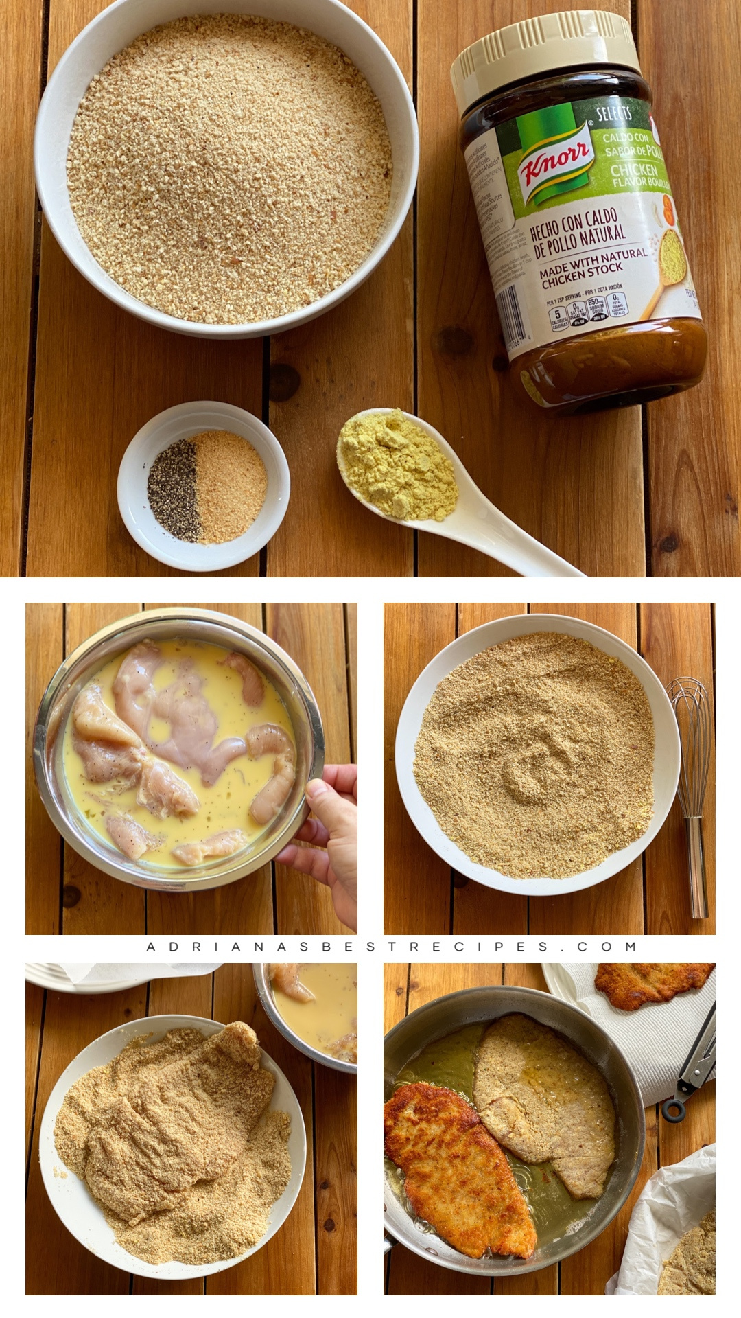 un collage que muestra cómo hacer milanesas de pollo como parte del menú casero del Cinco de Mayo