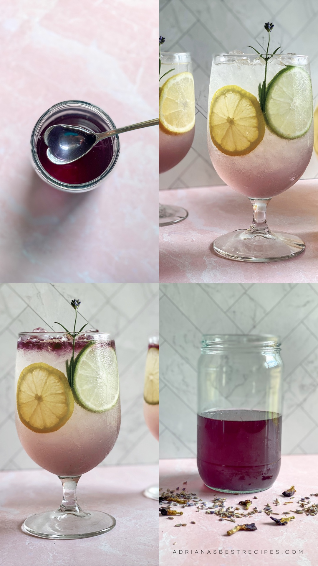Un collage que muestra cómo utilizar el jarabe de lavanda y el té azul en limonadas.