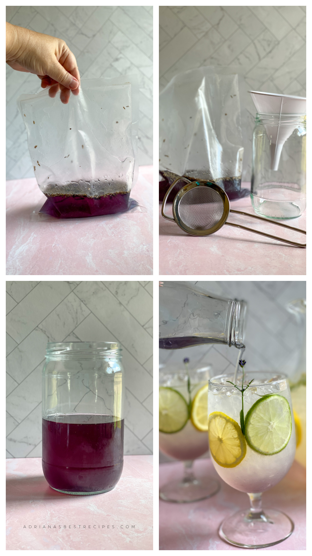 A collage showing the lavender syrup ready to use