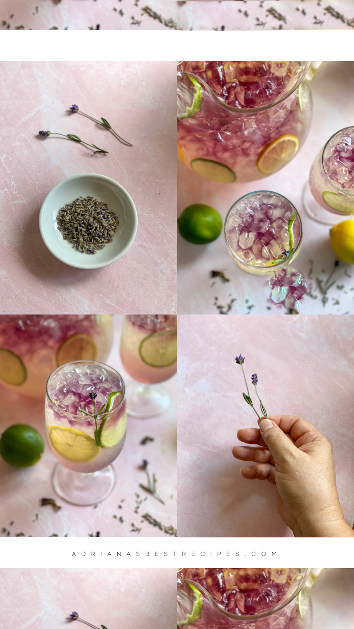 Un collage que muestra la limonada y la lavanda fresca y seca de grado culinario