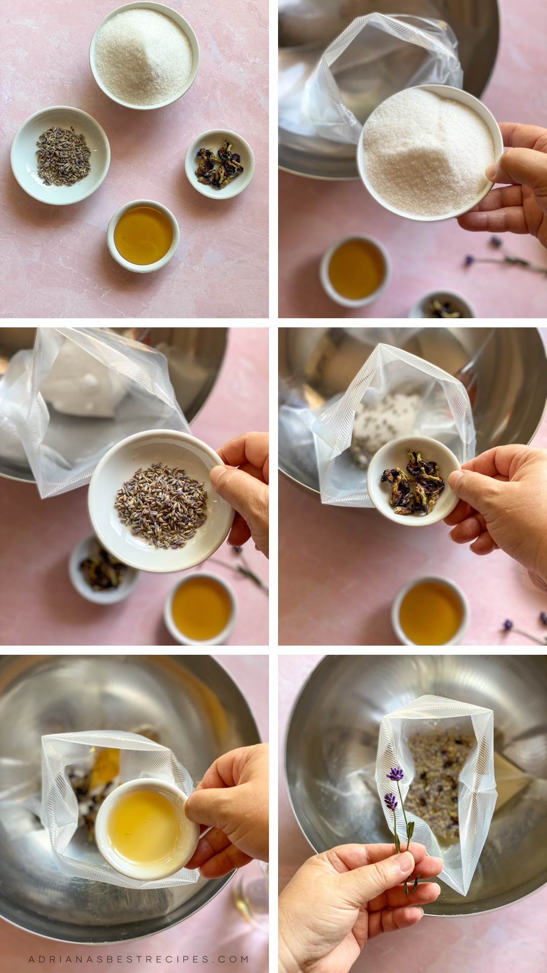 Un collage con el paso a paso sobre cómo hacer el jarabe de lavanda y flor de conchita azul