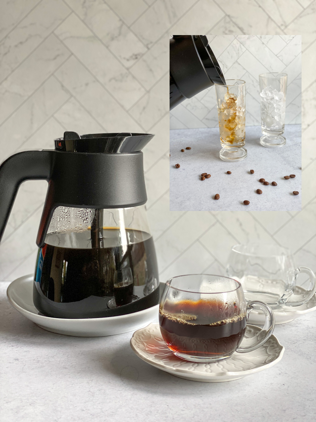 A collage showing iced and hot coffee