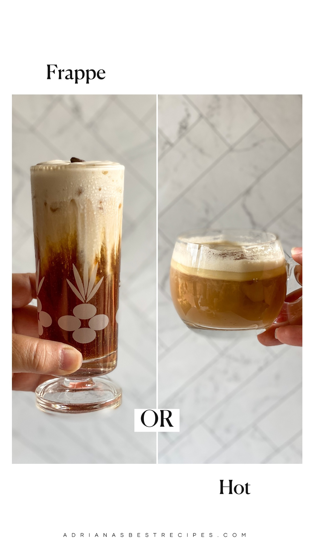 A collage showing one frappe coffee and one foamy hot spiked coffee