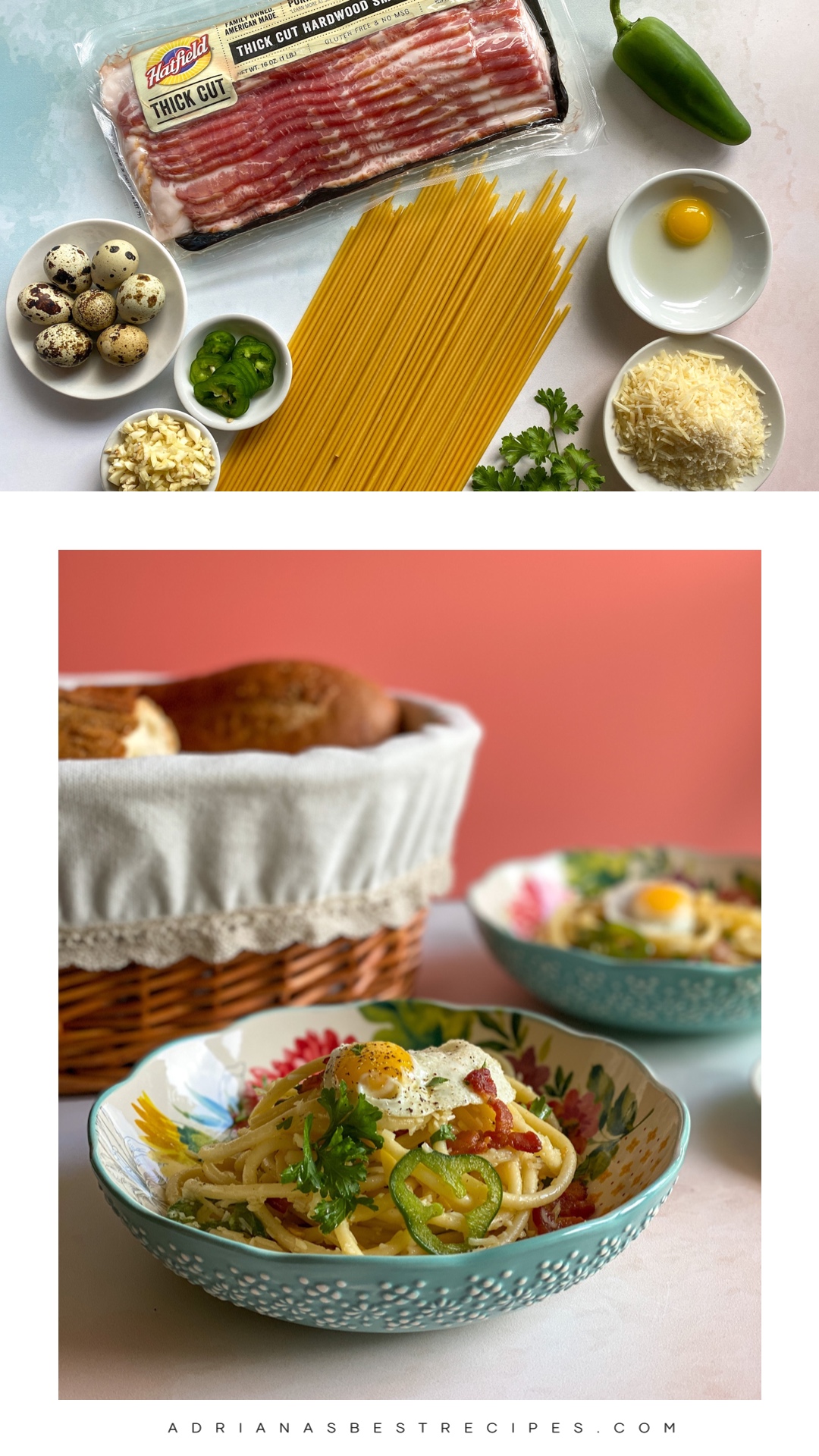 a collage with images showing fresh ingredients and two bowls with cooked pasta