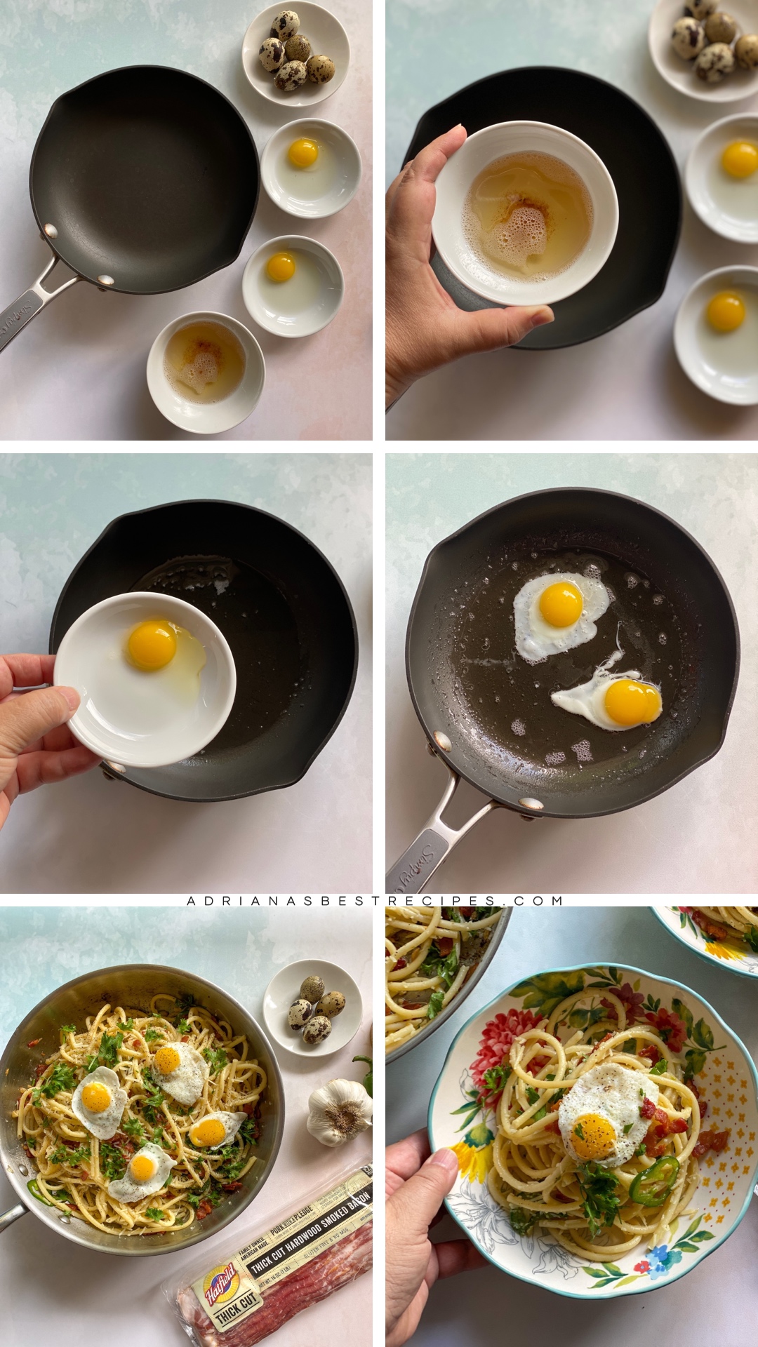 A collage of images showing the step by step on how to fry with bacon fat
