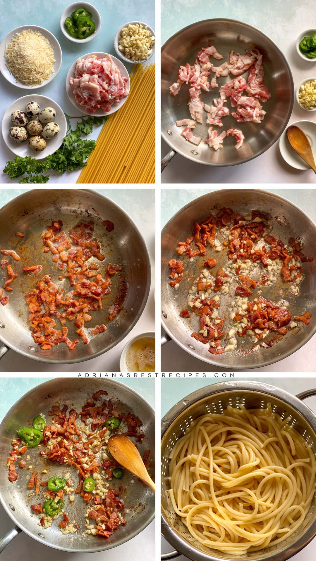 a collage showing the step by step process for making bacon pasta