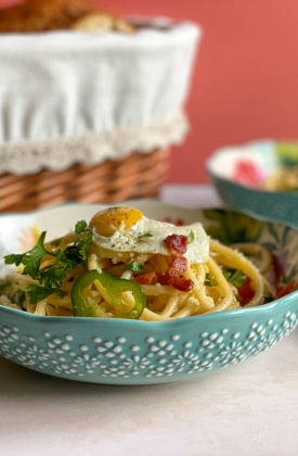 Bacon Perciatelli with Garlic and Quail Eggs