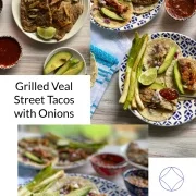 a collage with served plates with veal tacos and garnishes