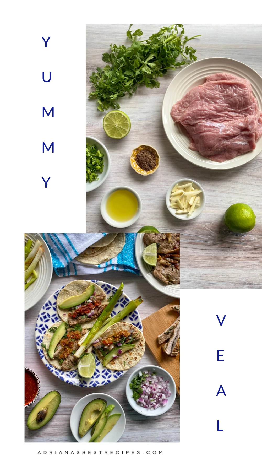 a collage with images of veal cutlets, seasoning, garlic and the finished dish