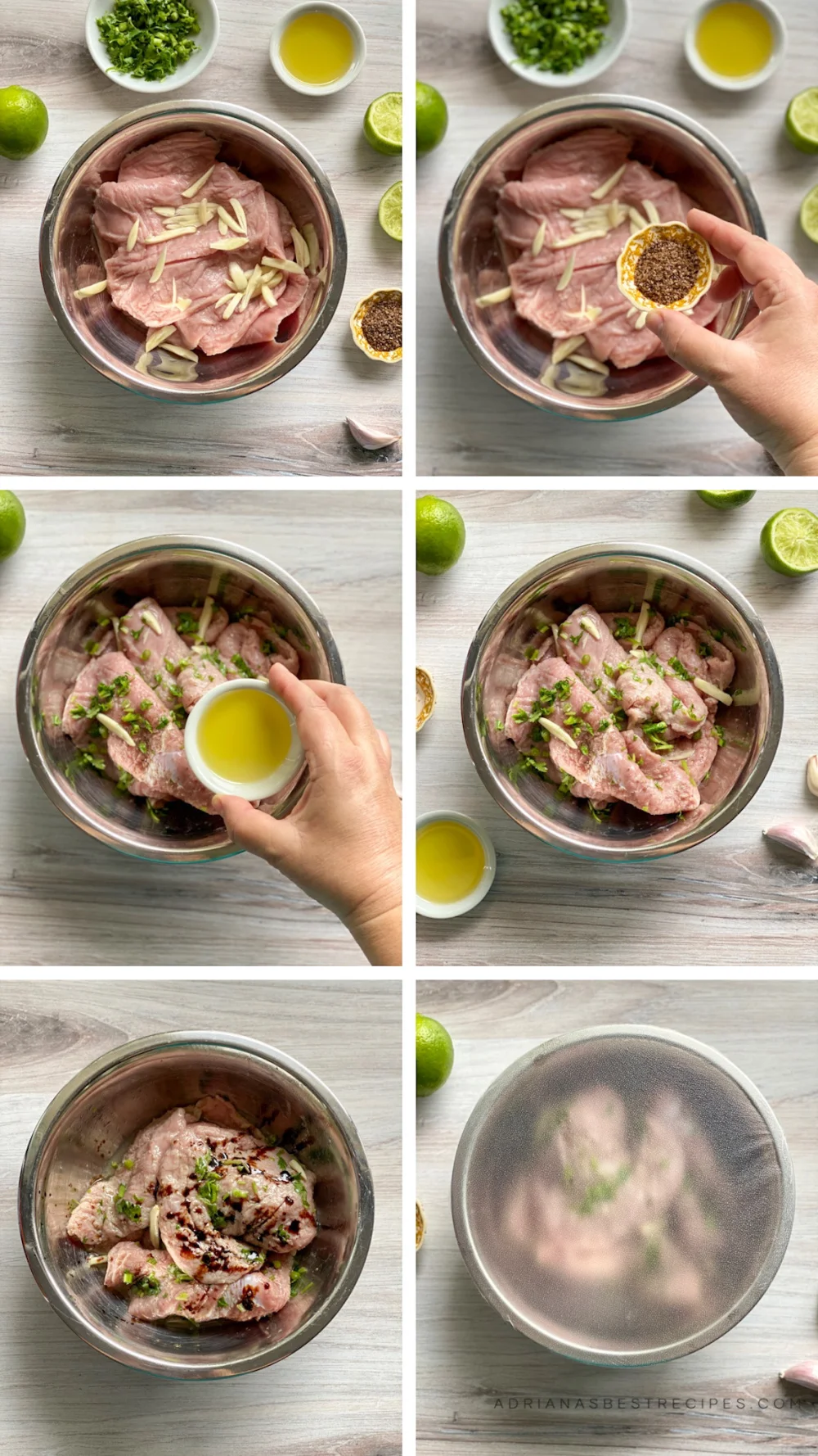 a collage of images with the step by step on how to prepare the meat marinade