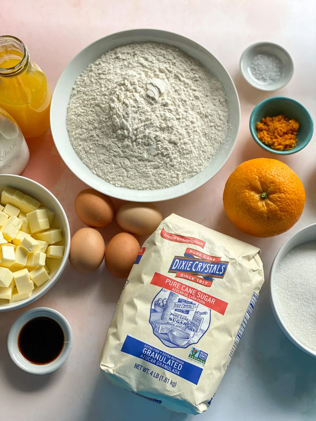 Ingredients include Dixie Crystals, butter, flour, orange juice and more