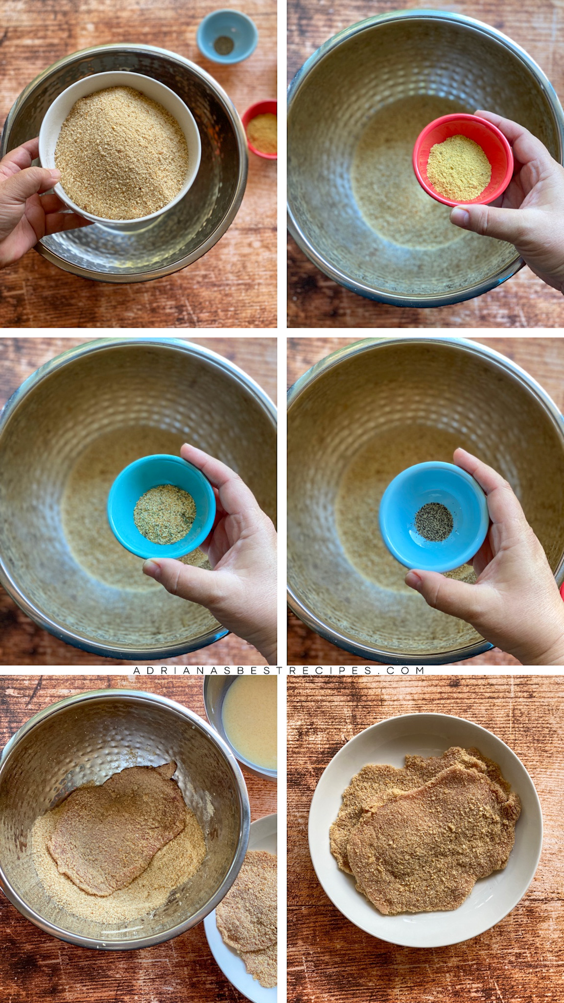 A collage with the step by step process on how to bread the meat cutlets  