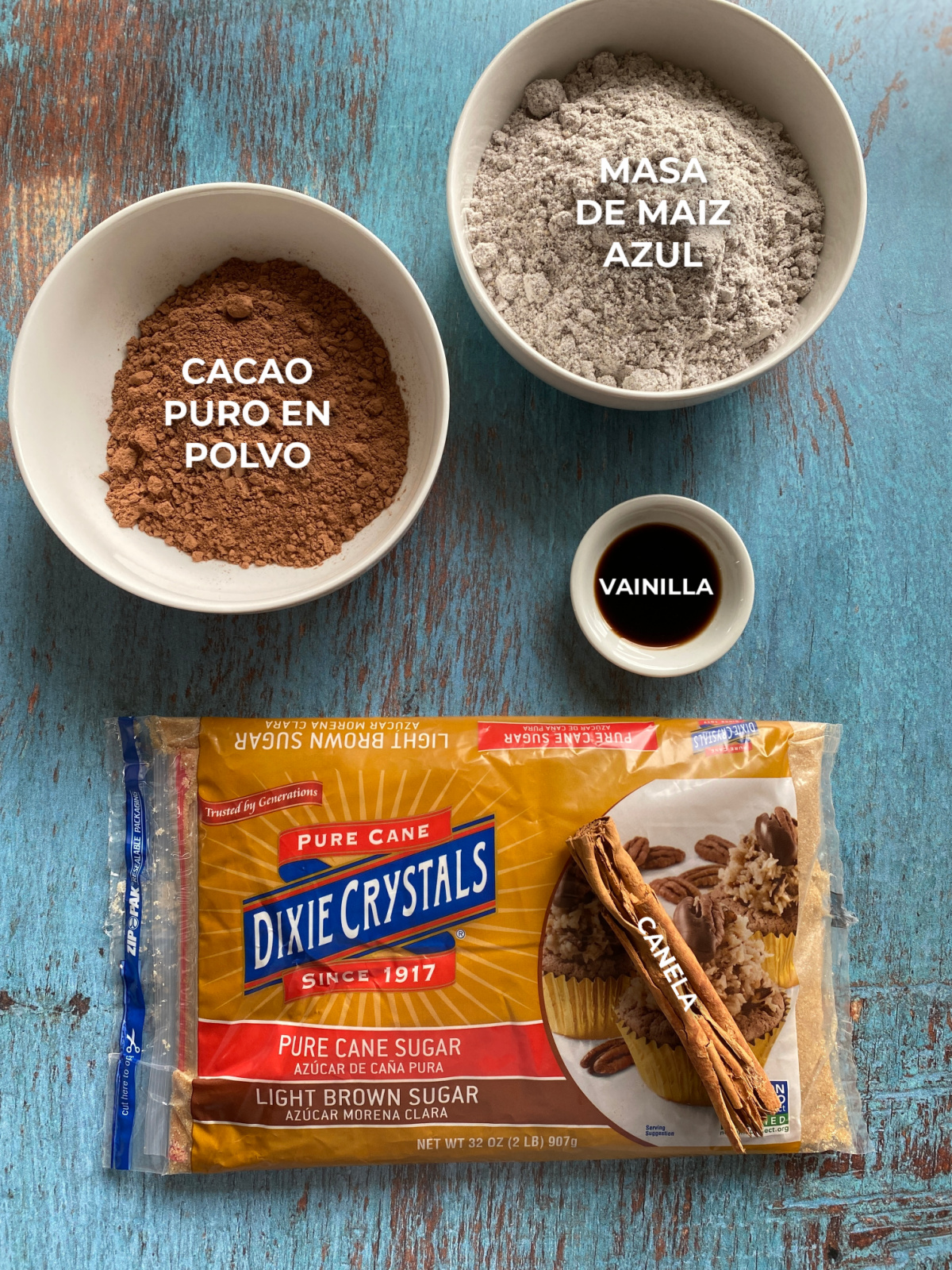 Ingredientes para la bebida de cacao y masa