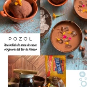 un collage con jicaritas con una bebida de cacao llamada pozol