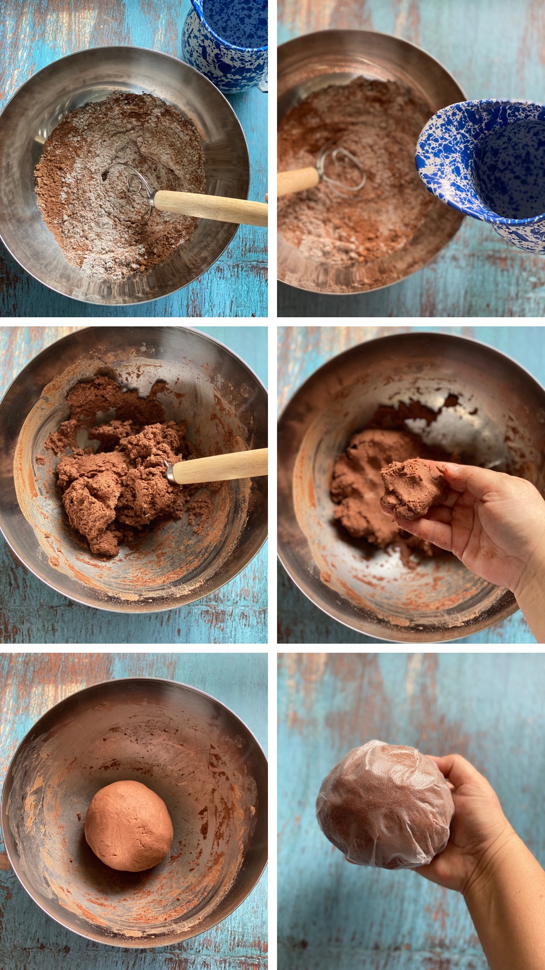 a collage showing the step by step how to make cocoa masa with blue corn masa harina for pozol