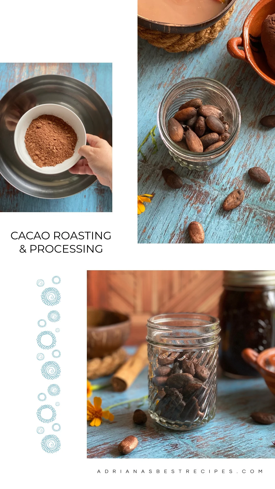 Un collage que muestra imágenes de tostado y procesamiento de cacao en casa