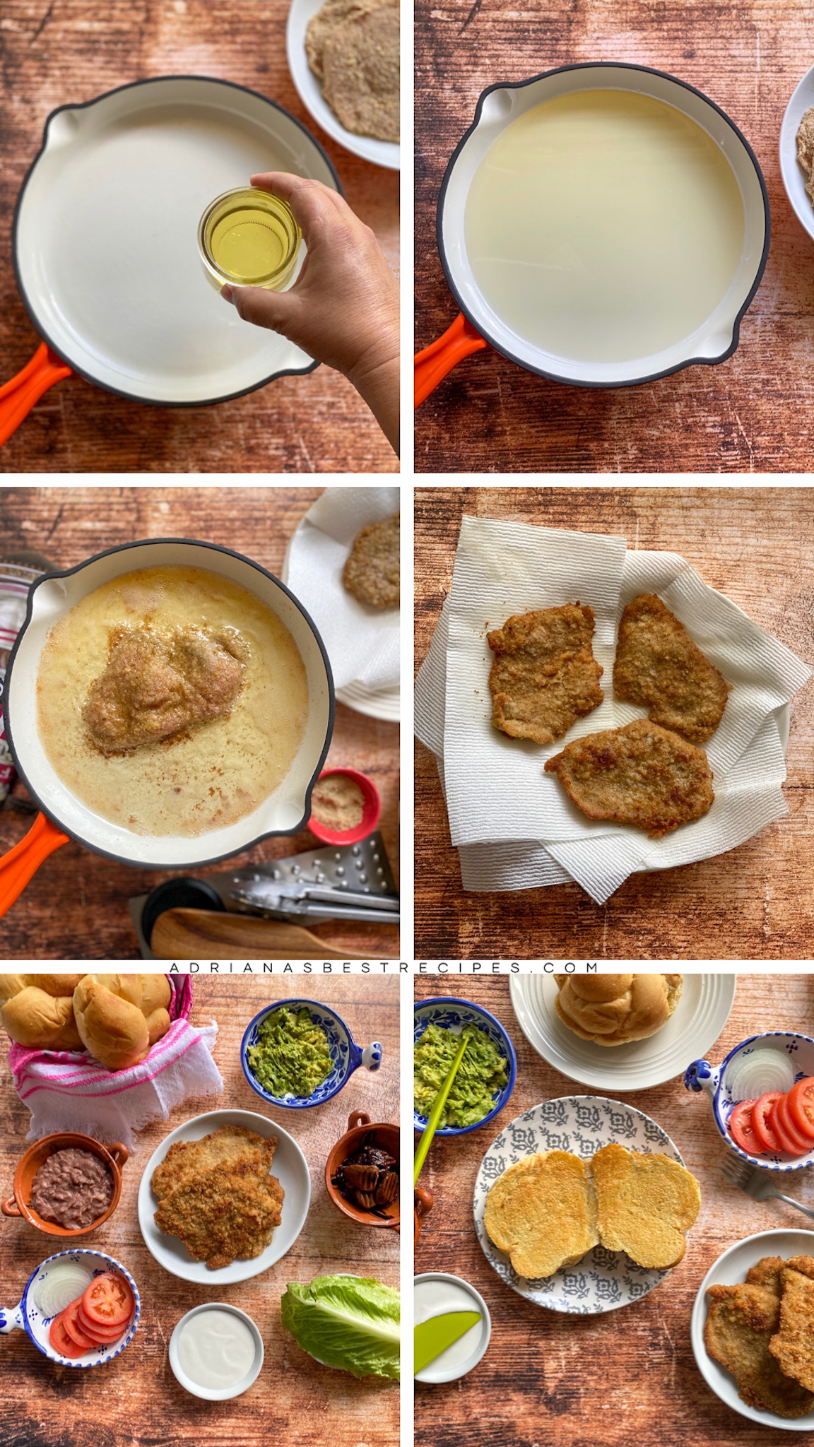 collage with the step by step process on how to fry the breaded meat