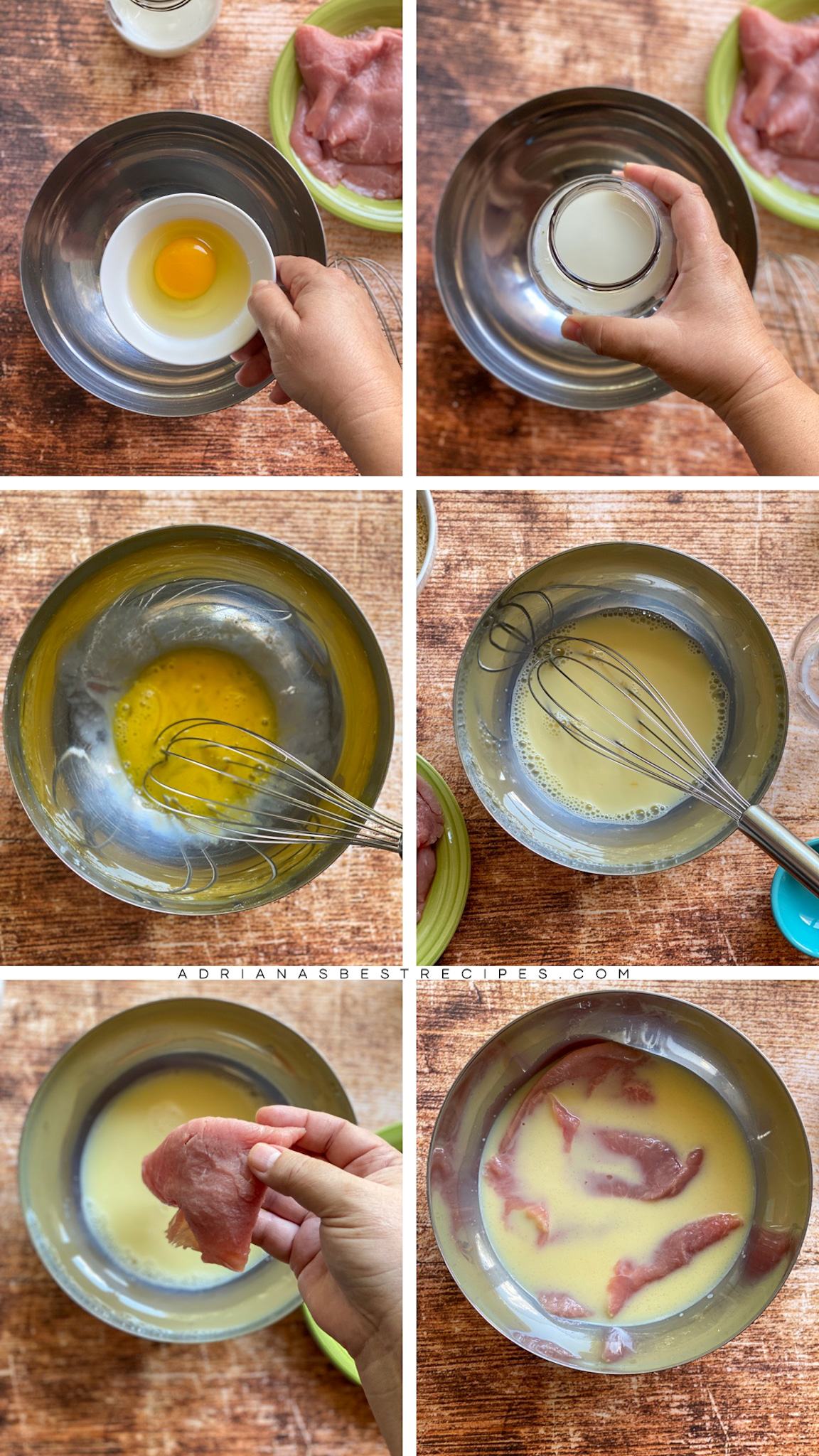 collage con el proceso paso a paso de cómo preparar la marinada de huevo para los filetes de ternera